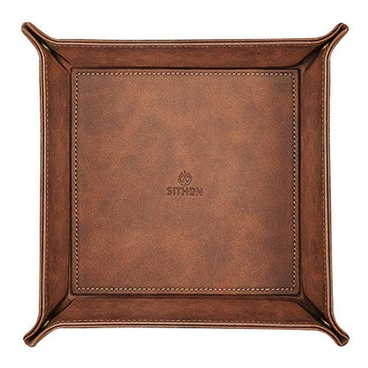 SITHON Valet Tray Desktop Storage Organizer – Premium PU Leather Catchall Bedside Vanity Tray Nightstand Caddy Holder for Keys, Phone, Wallet, Coin, Valentine's Day Gift, Brown - color: Brown