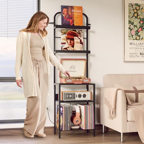 Homsorout Record Player Stand with Vinyl Storage - 5-Tier Turntable Table with Power Outlet, Adjustable Feet, Metal & Wood Cabinet - Console Organizer Display Shelf for Living Room, Apartment - style: Black With Socket