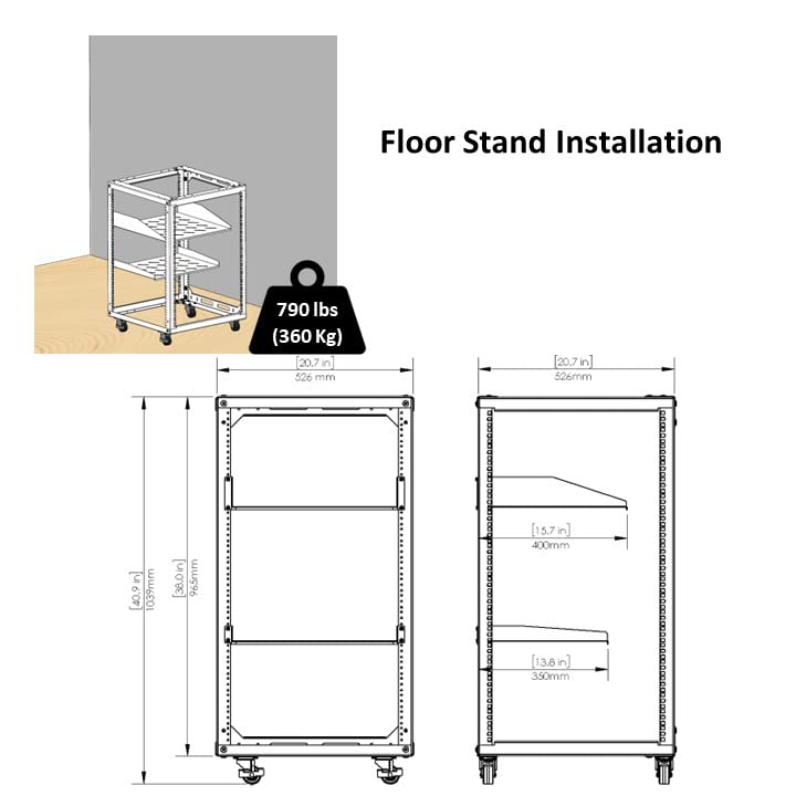 AEONS 20U Open Frame Network Server Rack 19-inch 4 Post AV Rack with Casters for Floor Standing and Wall Mount, Side Load for Extra Depth– Complete Kit with 1U and 2U Vented Shelves, Black - style: 20U-Kit