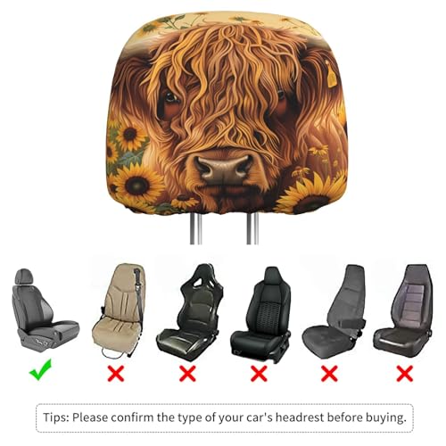 Dujiea 2 Pack Highland Cow Sunflowers Car Headrest Covers, Universal Soft Car Seat Head Rest Cover Protector, Vehicle Accessories Fabric Headrest Cover for Cars Vans Trucks - color: Highland Cow Sunflowers