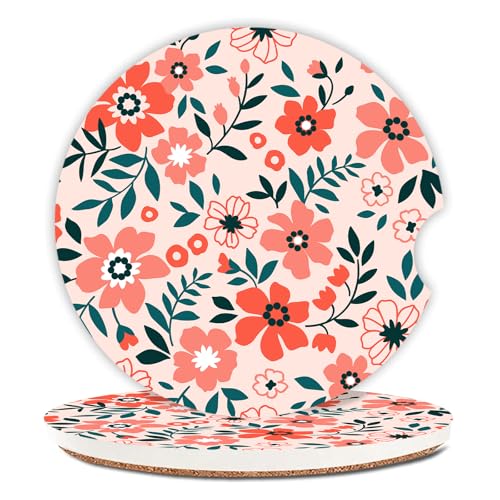 Red Flowers Car Coasters for Drinks Absorbent,2 Pack Cup Holders,2.56" Ceramic Stone & Non-Scratch Cork Base Coasters,Auto Accessories for Women & Men. - color: Red Flowers