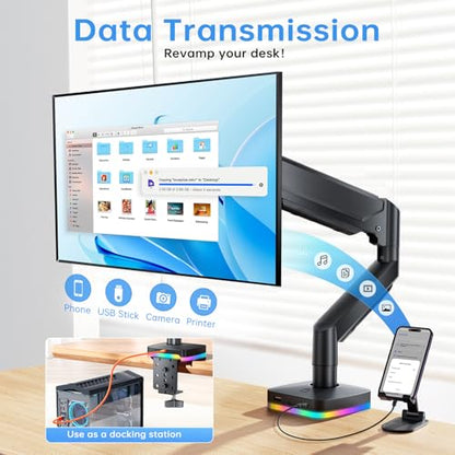 RGB Single Monitor Stand, Gas Spring Monitor Arm with 3 USB Ports, Charging and USB Data Transfer Function, Desk Mount for 13"-32" Monitors up to 19.8lbs, Adjustable Height, Tilt, Swivel, Rotate - size: RGB Single Arm