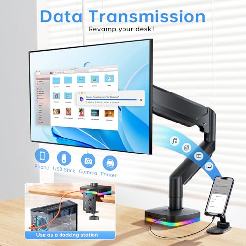 RGB Single Monitor Stand, Gas Spring Monitor Arm with 3 USB Ports, Charging and USB Data Transfer Function, Desk Mount for 13"-32" Monitors up to 19.8lbs, Adjustable Height, Tilt, Swivel, Rotate - size: RGB Single Arm