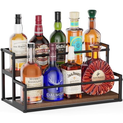 THYGIFTREE Liquor Bottle Display Shelf, 2 Tier Coffee Syrup Rack Organizer & Bar Shelf Stand for Liquor, Whiskey, Olive Oil, Kitchen Counter & Home Bar Storage - color: 1-pack, 2-tier