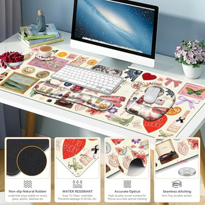 Beige Mouse Pad with Wrist Support 4 in1 Set, XXL Big Game Mousepad + Keyboard Wrist Rest + Mouse Wrist Rest Pad +Coaster Gaming Mat for Home Office Work Computer I Cute Design Stickers - color: Cute Design Stickers