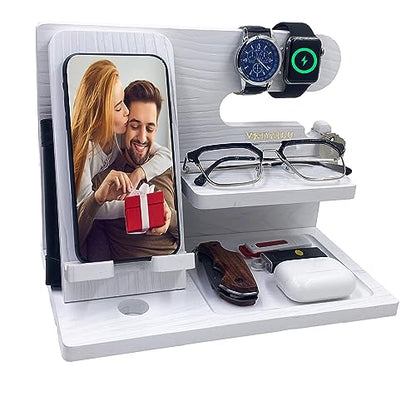 VEIYAILU Gifts for Women Girlfriend Men Him Husband Boyfriend Son Boss Wood Phone Docking Station Nightstand Organizer Anniversary Birthday Gifts (White) - color: White