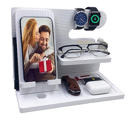 VEIYAILU Gifts for Women Girlfriend Men Him Husband Boyfriend Son Boss Wood Phone Docking Station Nightstand Organizer Anniversary Birthday Gifts (White) - color: White