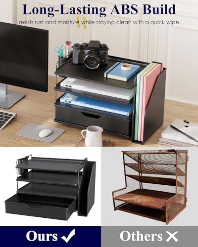 Kitsure Desk Organizer - 4-Tier Office Desk Accessories with Drawer ＆ Pen Holder, Tool-Free Assembly Organizer with Non-Slip Pads, for Office Supplies Storage, Plastic, 13.3" x 8.0" x 10.8", Black