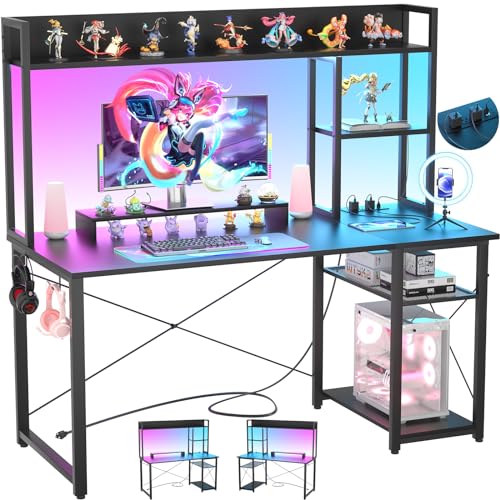 Cyclysio Gaming Desk with Hutch, 47'' Computer Desk with LED Lights & Power Outlets, Home Office Desk with Reversible 5 Tiers Storage Shelves & Monitor Stand, Small Gaming Table for Small Space, Black - color: Black, size: 47 inch