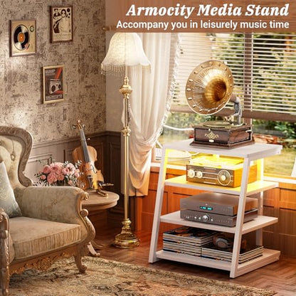 Armocity 4-Tier AV Media Stand with Power Strips, Stereo Stand with LED Lights, Audio Tower Rack with Adjustable Shelves, Small Entertainment Center, 30'', White - color: White, size: 30" (H)