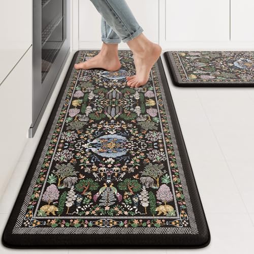 KIMODE Anti Fatigue Kitchen Mats for Floor 2 Piece, Black Vibrant Floral Kitchen Rugs 17"x47"+17"x29", Non Slip Waterproof Kitchen Floor Mats, Standing Mats for Laundry Office Sink Desk - color: Forest/Black, size: 17.3" x 47"+17.3" x 29"--0.47 inches