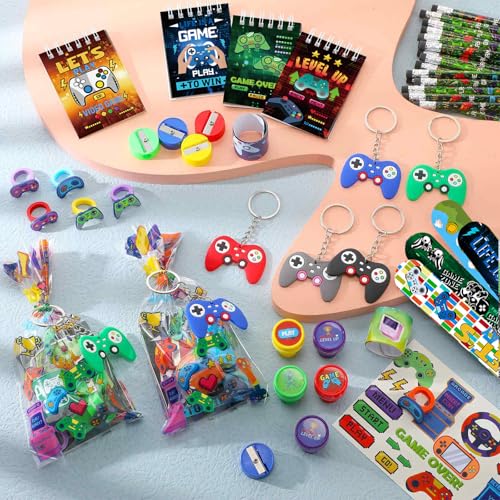 Sayglossy 331 Pcs Video Game Party Favors Set Includes Gift Bags Pencils Notebook Sharpener Slap Bracelets Rings Keychains 3D Puffy Stickers Stamper Gamer Party Favors Birthday (Classic) - style: Classic