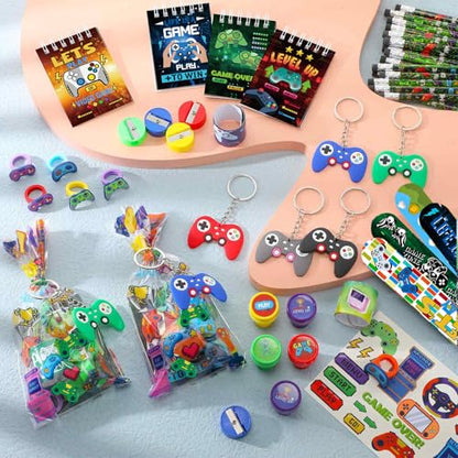 Sayglossy 251 Pcs Video Game Party Favors Set Includes Gift Bags Pencils Notebook Sharpener Slap Bracelets Rings Keychains 3D Puffy Stickers Stamper Gamer Party Favors Birthday (Classic) - style: Classic