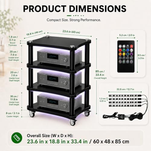4-Tier AV Media Stand with LED Lights, Heavy Duty Mobile Stereo Cabinet Stand with Wheels, Wooden Stereo Rack, Audio Rack Furniture Perfect for DVD Player/Game Console (with Lights, 4 Tier) - color: With Lights, size: 4 Tier
