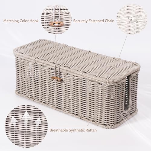 BROWNLILY Cable Management Box, Rattan Style Cord Organizer for Desk Cord Hider Outlet Covers for Power Strip TV PC Router Charger Under Desk Storage with Lockable Lid and Cable Ties - color: Gray, size: Set (L+M)