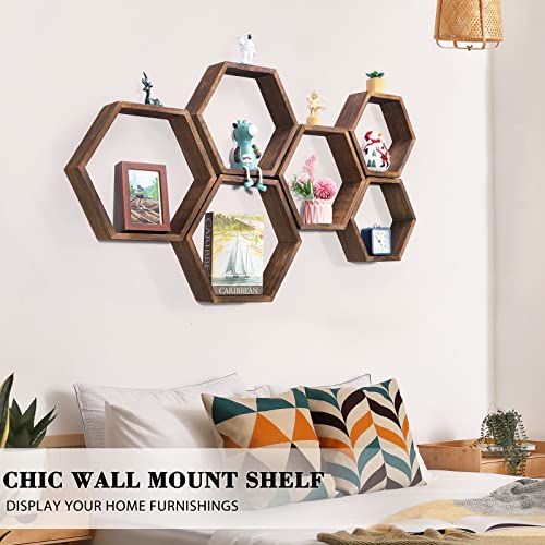 NOVIMANGO Hexagon Floating Shelves Set of 6 Honeycomb Shelves for Wall Wood Farmhouse Storage Home Decor Shelf Wall Mounted Wooden Hexagonal Shelves for Bedroom Living Room Nursery, Rustic Brown - color: 6 Pack Brown