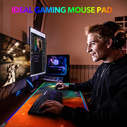 AIMSA Large RGB Gaming Mouse Pad, Keyboard Mousepad Led Extended 35.4 x 15.8 inch Non-Slip Rubber Base with 14 Lighting Modes, Big Desk Mat Waterproof, Galaxy Nebula - color: Galaxy Nebula