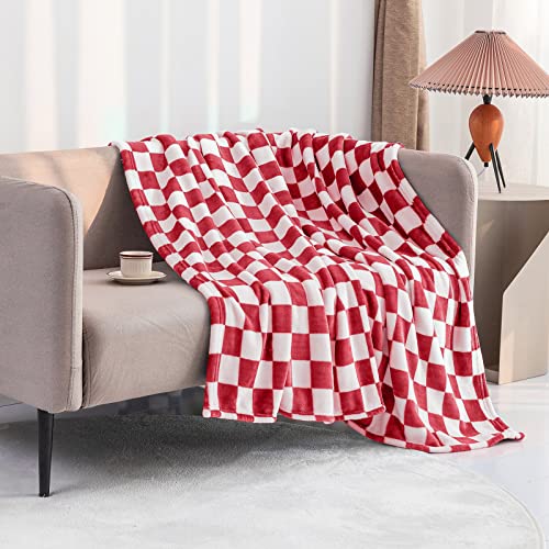 LOMAO Throw Blankets Flannel Blanket with Checkerboard Grid Pattern Soft Throw Blanket for Couch, Bed, Sofa Luxurious Warm and Cozy for All Seasons (Red, 50"x60") - color: Red, size: 50"x60"