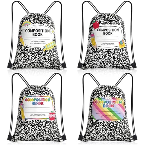 Yiyiring 16 Pcs Teacher Appreciation Drawstring Gift Bags, 12 x 10'' Composition Book Bag with 4 School Themed Designs Apples Pencils Gift Bags for Teacher End of Year Graduation Party (Composition) - style: Composition
