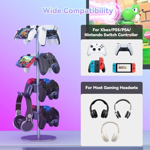 4-Tier 360°Rotating Controller Stand for PS5/Xbox/Switch/PS4 | Aluminum Game Controller Heaset Holder for Desk, 12 Hangers to Place, Spinning Controller Organizer Rack, Grey - color: Grey