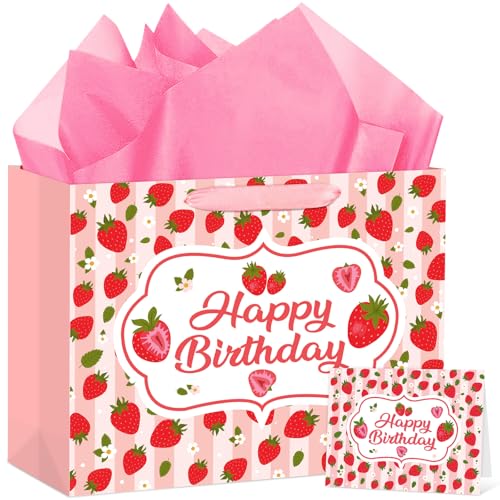 Hooqict Large Strawberry Birthday Gift Bag Pink Happy Birthday Gift Wrapping Bag with Handles, Tissue Paper, Greeting Card for Girls Kids Women Sweet Strawberry Party Decorations Supplies - color: Strawberry