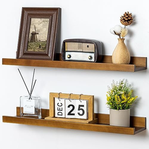 FLYJOE Picture Ledge Wall Shelves 24 inch Width Set of 2, Solid Pine Wood Rustic Floating Ledge Shelves for Wall for Kids' Room Bedroom Kitchen Bathroom Living Room Nursery Display Wall Decor, Walnut - color: Walnut, size: 24'', set of 2