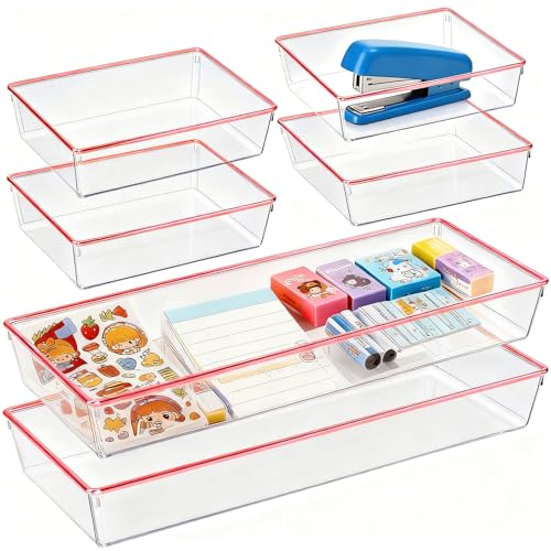 6 Pack Large Size Clear Stackable Drawer Organizer Trays, Rose Gold Rim Makeup Drawer Storage Tray Divider, Desk Storage for Makeup, Jewelry, Bathroom, Stationary, Kitchen Utensils and Office Desk - color: Rose Gold, size: 6 PACK