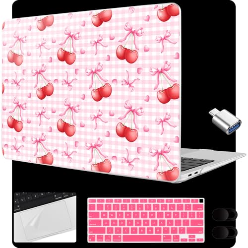 MEEgoodo for MacBook Air 13.3 inch Case 2021 2020 2019 2018 A2337 M1 A2179 A1932, Laptop Shell for MacBook Air M1 with Keyboard Webcam Cover & Trackpad Film & Type C Adapter, Cherry Bow Pattern - color: Cherry Bow Pattern