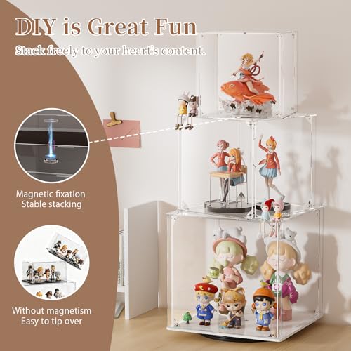 Rotating Acrylic Display Case for Figures - 3 Tier Stackable Storage Bins with Magnetic Door,Acrylic Boxes for Display, Clear Storage Box for Collectibles Cosmetic Perfume Organizer，Home Or Office
