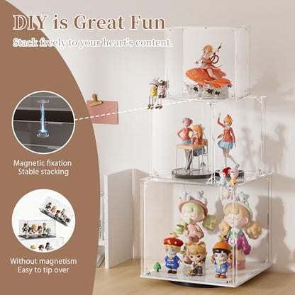 Rotating Acrylic Display Case for Figures - 3 Tier Stackable Storage Bins with Magnetic Door,Acrylic Boxes for Display, Clear Storage Box for Collectibles Cosmetic Perfume Organizer，Home Or Office