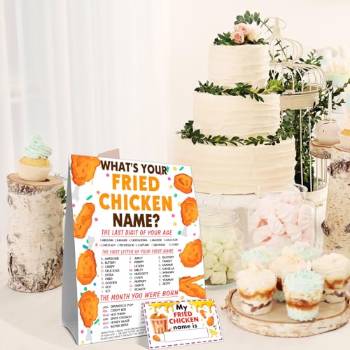 Funny Fried Chicken Game Cards Set, What's Your Fried Chicken Name Game Card, Chickens Party Games Cards, 1 Chicken's Name Sign, 30 Chickens Name Sticker Card, Birthday Games Decor for Boys Girls - style: Casual