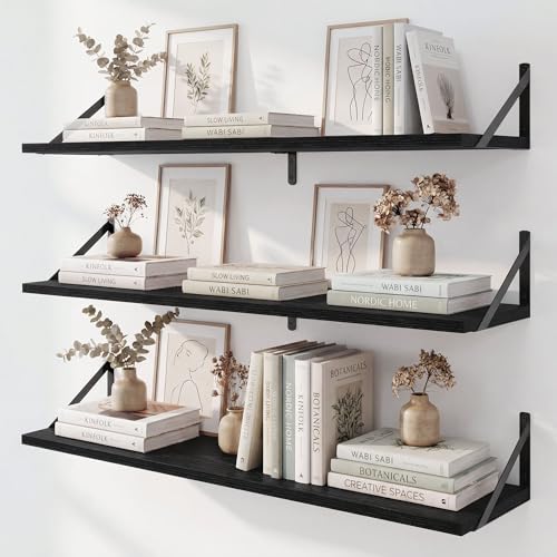 Fun Memories Long Wall Shelves for Bedroom, Set of 3 Large 40-Inch Floating Bookshelves, Rustic Wood Display Shelf for Home and Office (Black) - color: Black, size: 40"W x 8"D