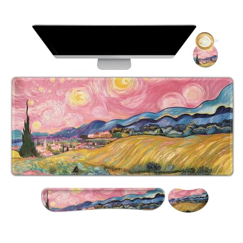 DINKY Desk Pad and Keyboard Wrist Rest, Large Mouse Pad +Keyboard Pad +Mouse Wrist Support +Coaster, 35.4 x 15.7 Inches Non-Slip Desk Mat for Office, Home, Pink Starry Sky Field - color: Pink Starry Sky Field