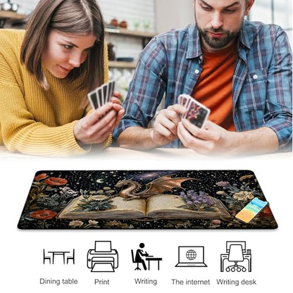 for MTG Playmat 24 x 14 Inches Dragon Flowers Spell Books Magic Play Mat Card Game Mat for Magic The Gathering TCG PTCG Playmat with Free Storage Bags Non-Slip Backing and Stitched Edge - color: Dragon Flowers Spell Books No With Zones