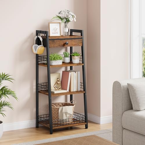 Gewudraw 4-Tier Ladder Shelf with Drawer, Bathroom Table Stand for Small Space, Bathroom Standing Shelves with Storage for Living Room Bedroom Kitchen, Organizer Shelf, Rustic Brown - color: Rustic Brown, size: 4 Tier Standard