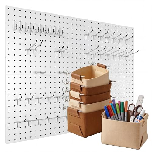 Spampur Peg Board, 4 Pack Metal PegBoard Organizer with Accessories, White Pegboard Panels with 50 Pcs Hooks and Baskets, Wall Organizer for Office, Craft Room Organization, Garage, Sewing Room - color: White, size: 16x12''- 4 Pcs