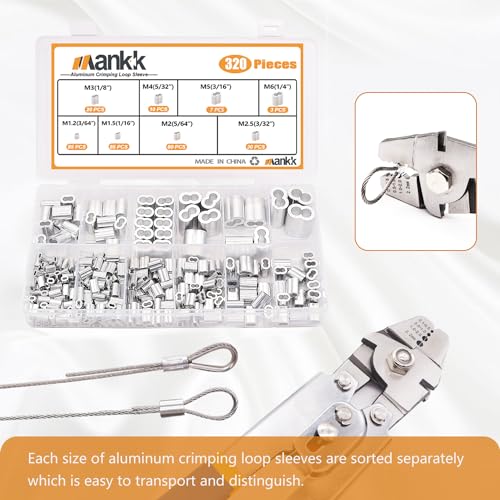 mankk 320 Pcs Aluminum Crimping Loop Sleeve 8 Sizes (3/64'' 1/16'' 5/64'' 3/32'' 1/8'' 5/32'' 3/16'' 1/4'') Wire Rope Sleeves Double Cable Ferrules Kit M-109-320 - size: 320PCS