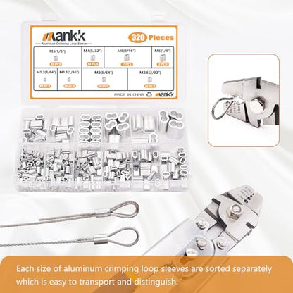 mankk 320 Pcs Aluminum Crimping Loop Sleeve 8 Sizes (3/64'' 1/16'' 5/64'' 3/32'' 1/8'' 5/32'' 3/16'' 1/4'') Wire Rope Sleeves Double Cable Ferrules Kit M-109-320 - size: 320PCS
