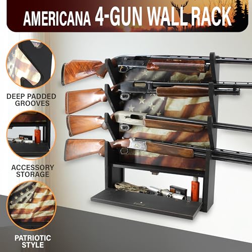 Rush Creek Creations Engineered Wood Gun Rack - Wall Mount Display for 4 Rifles/Shotguns, American Flag Design with Accessory Storage - color: Black