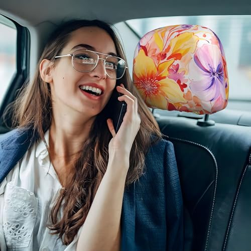 2PCS Headrest Covers for Cars Flowers Print Detachable Head Rest Cover for Women - color: Beautiful Flowers Yellow