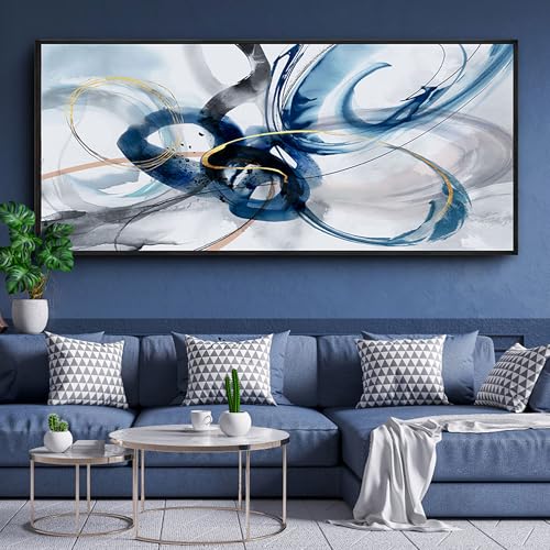 KLAKLA Abstract Wall Art 86x39 Inches - Huge Canvas Picture Wall Decor Living Room Oversized Artwork for Walls Bedroom Office Decoration Modern Frame Wall Art - color: Blue abstract - 4, size: 86x39