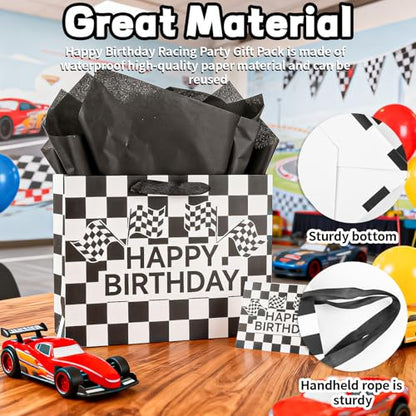 LERCTH Racing Car Happy Birthday Bag Black Grid Gift Bags Paper Tote Bag with Handles Gifts Wrap Paper Reusable Birthday Gift's Bag for Men Women Boys Teenager Soccer Boy - color: Checkered Racing gift bag, size: 1 count (Pack of 1)