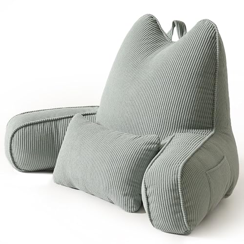Patented Design Cat Ear Inspired Corduroy Reading Pillow with Arms, Aesthetic Bed Rest Pillow for Sitting in Bed, Detachable Lumbar Support, Ergonomic Backrest Cushion, Grey Green - color: Grey Green