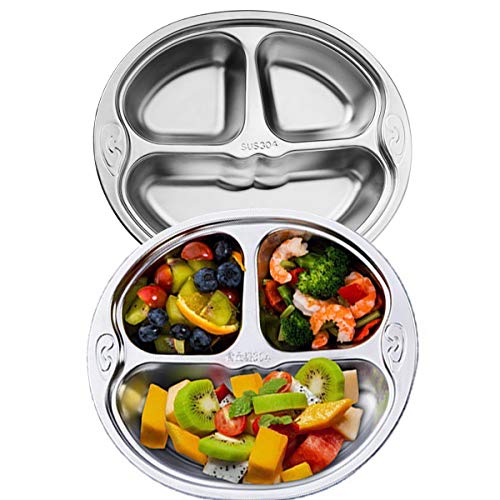 Set of 2 Stainless Steel Divided Platter Dinner Tray 3 Sections Dinner Plates - 304 Stainless steel metal plate for Campers, and for Portion Control - size: H3C (3 Sections)