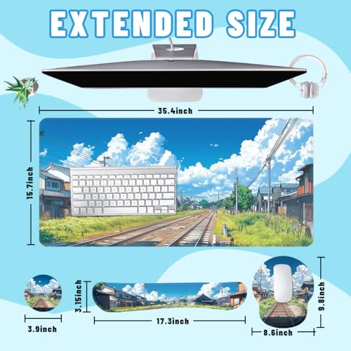 Anime Landscape Desk Mat Set Japanese Railway Summer Sky Town Mouse Pad with Wrist Rest 4in1 Desk Mat for Desktop Ergonomic Computer Desk Arm Wrist Anti-Slip Computer Mouse Pad Home Office Gaming - color: Anime Landscape