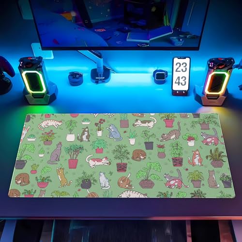 Extended Gaming Mouse Pad XL, Cute Cat Sage Green Desk Mat 31.5x15.7 | Charming large desk pad with a playful cats and potted plants print. Perfect for cozy, kawaii workspace setups. - color: Green Plants and Cats