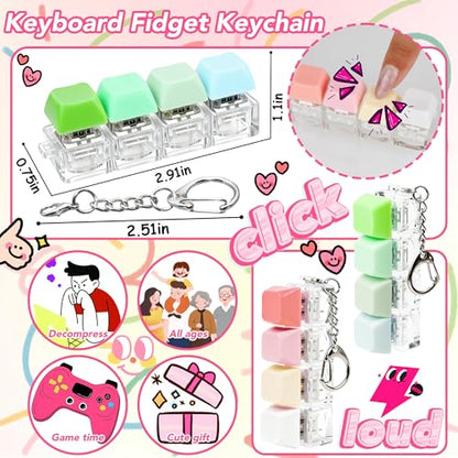 2 PCS 4-in-1 Keyboard Fidget Toy Keychain, Finger Clicky Button Toy Stress Relief Keychain with Swappable Keycaps, Mini Mechanical Key Fidget for Office Desk Focus Gifts (Green Pink Yellow) - color: Green Pink Yellow