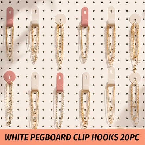 HUHOLE 20PC White Pegboard Clip Hooks for Thin Metal 1/4 Inch Pegboard | Picture Hangers with 10 lb Capacity, 10 Round and 10 Angled Peg Hooks for Jewelry, Crafts and Small Accessories - color: White