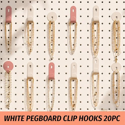HUHOLE 20PC White Pegboard Clip Hooks for Thin Metal 1/4 Inch Pegboard | Picture Hangers with 10 lb Capacity, 10 Round and 10 Angled Peg Hooks for Jewelry, Crafts and Small Accessories - color: White