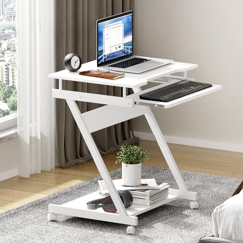 sogesfurniture Mobile Computer Desk Small Rolling Office Table Workstation with Printer Shelf and Keyboard Tray, Space-Saving Computer Desk with Storage Shelf for Home and Office (White) - color: White